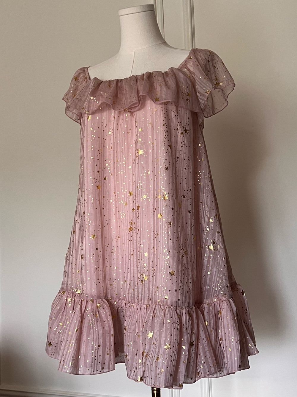 Nasty Gal Celestial Gold Star Blush Pink Off Shoulder Ruffle Babydoll Mini Dress